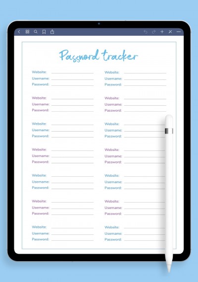 Blue and Purple Font Password Tracker Template for iPad