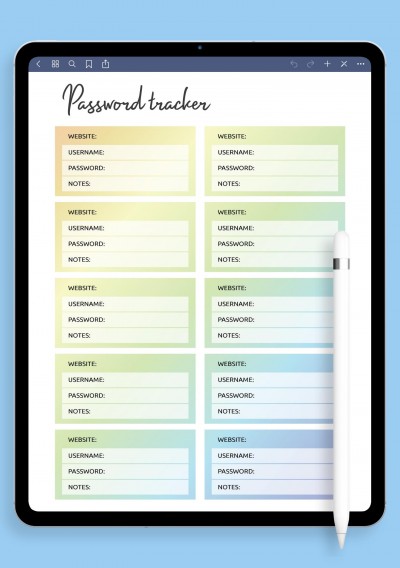 iPad & Android Colored Gradient Sections Password Tracker Template