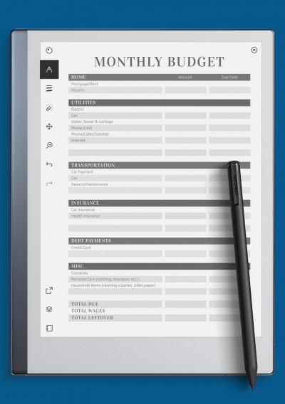 reMarkable Monthly Household Budget Template