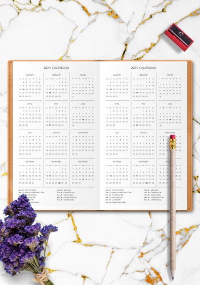 One Page Annual Calendar with Holidays Template TN