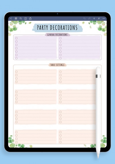 Party Decorations List - Floral Style Template for GoodNotes