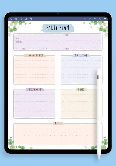Party Plan - Floral Style Template for GoodNotes