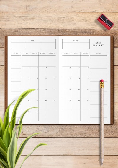 Simple Monthly Calendar with Notes, To-Do, Goals, Ideas for Travelers Notebook