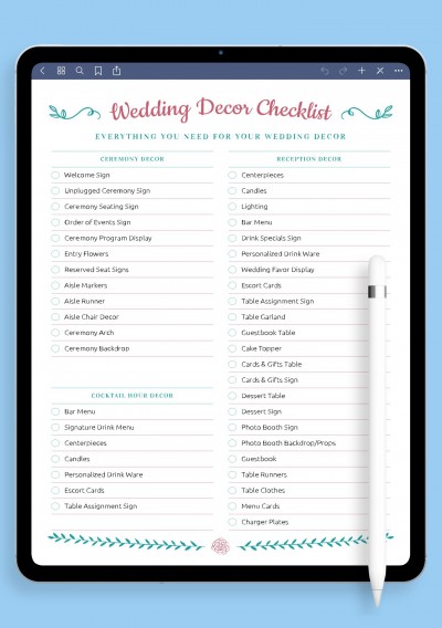 Wedding Decor Checklist - Romantic Style Template for iPad & Android