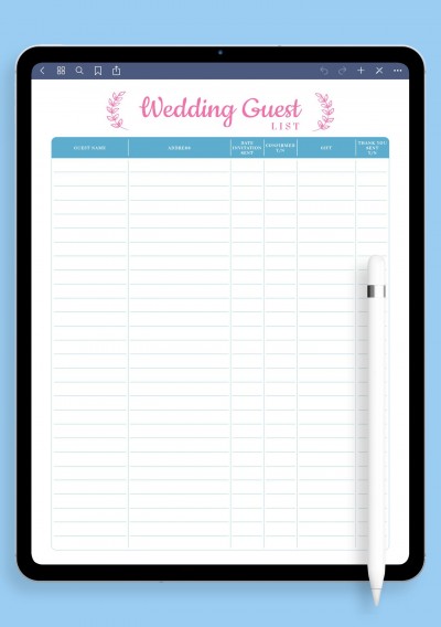 Wedding Guest List - Romantic Style Template for iPad Pro