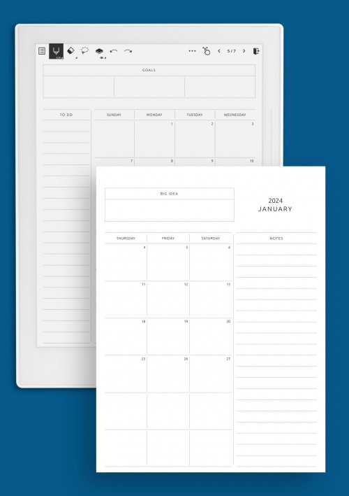 Simple Monthly Calendar with Notes, To-Do, Goals, Ideas for Supernote A6X