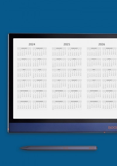 Horizontal 3-year Calendar Template - Original Style - Landscape View for Onyx BOOX