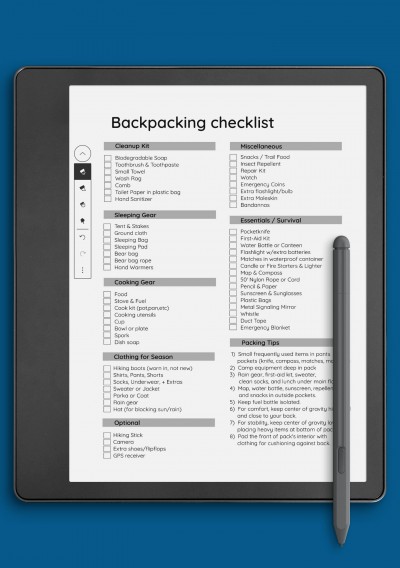 Backpacking Checklist Template for Kindle Scribe