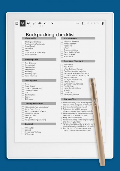 Backpacking Checklist Template for Supernote