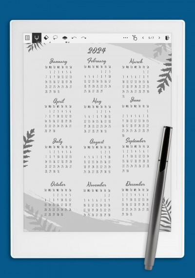 Blue Botanical Yearly Calendar Template for Supernote A6X