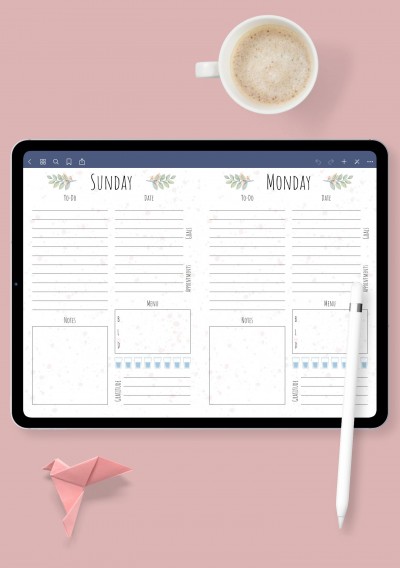 Botanical Aquarelle Weekly Planner Template for iPad & Android