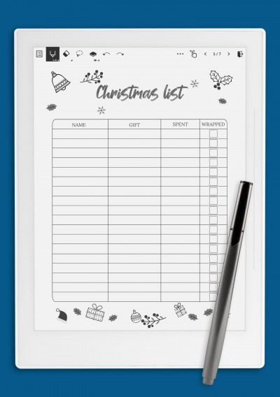 Classic White Christmas List Template Supernote A5X
