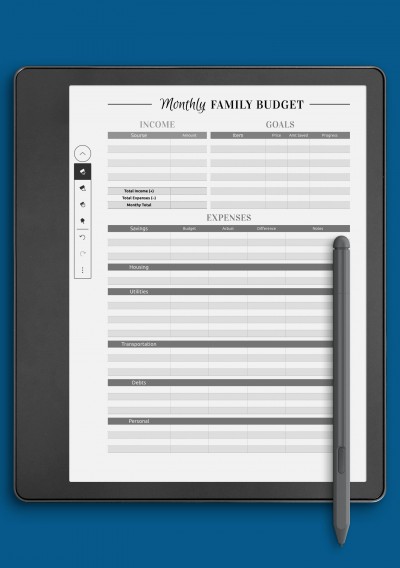 Family budget template for Kindle Scribe