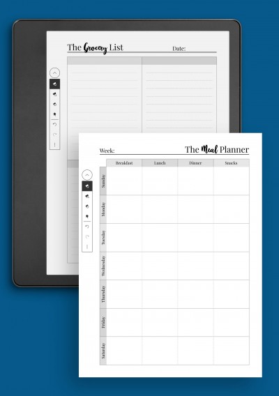 Kindle Scribe weekly meal template planner with grocery list