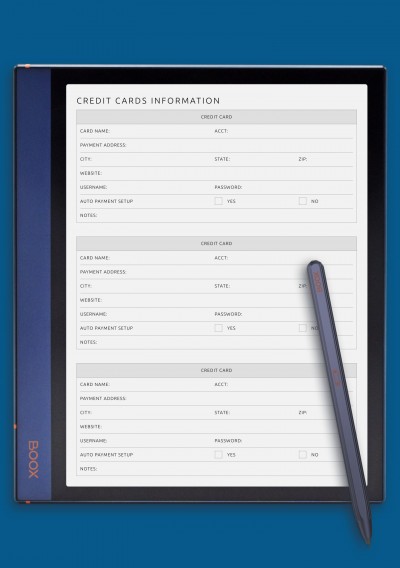 BOOX Note Credit Cards Information Template