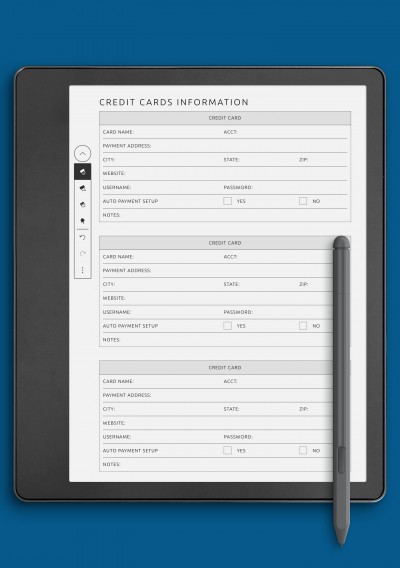 Credit Cards Information Template for Kindle Scribe