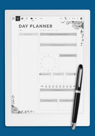 Day Planner with Blossom Roses Pattern template for Supernote A5X