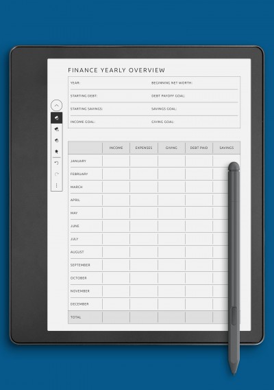 Finance Yearly Overview Template for Kindle Scribe