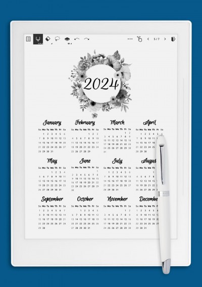 Floral yearly calendar template for Supernote