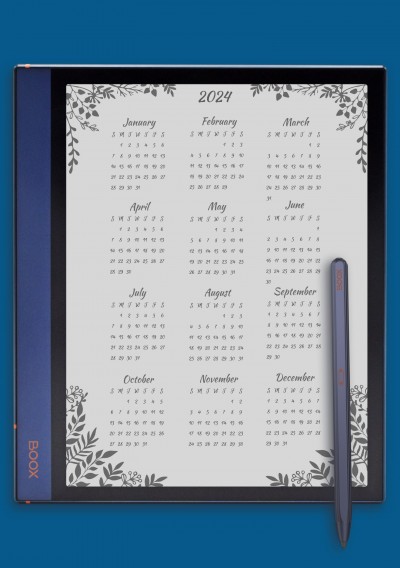 Gray Botanical Yearly Calendar Template for BOOX Note