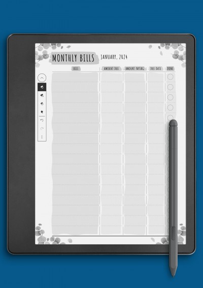 Monthly Bills - Floral Style Template for Kindle Scribe