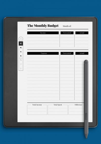 Kindle Scribe Monthly budget with income and spent difference template