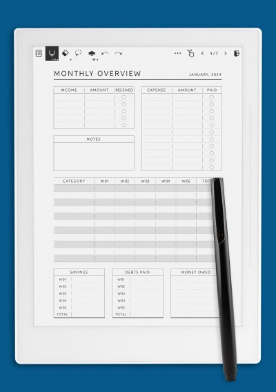 Monthly Budget Overview Template for Supernote A6X