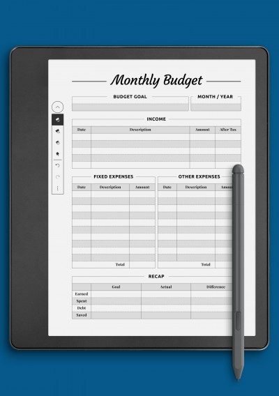 Monthly budget with Recap section template for Kindle Scribe