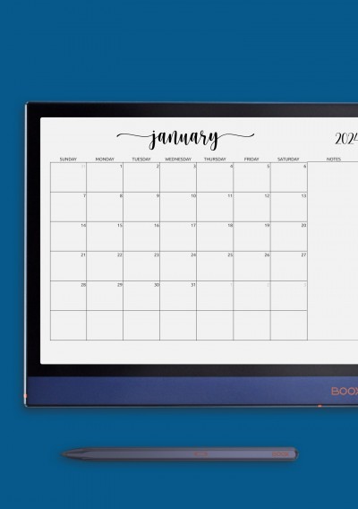 Horizontal Monthly Calendar with Notes for Onyx BOOX