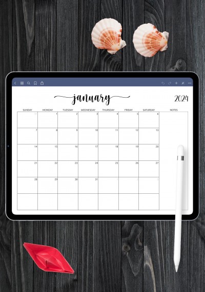 Horizontal Monthly Calendar with Notes for GoodNotes