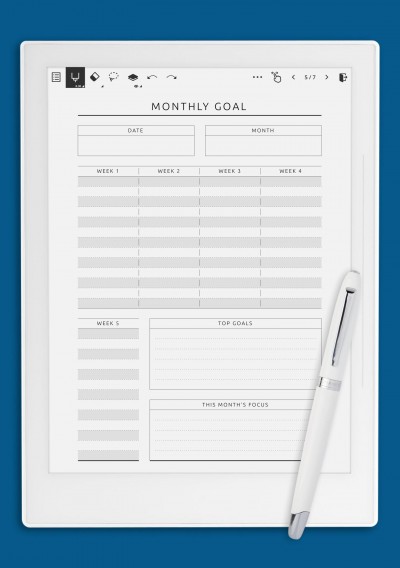 Monthly Goal Setting for 5 Weeks Template for Supernote A5X