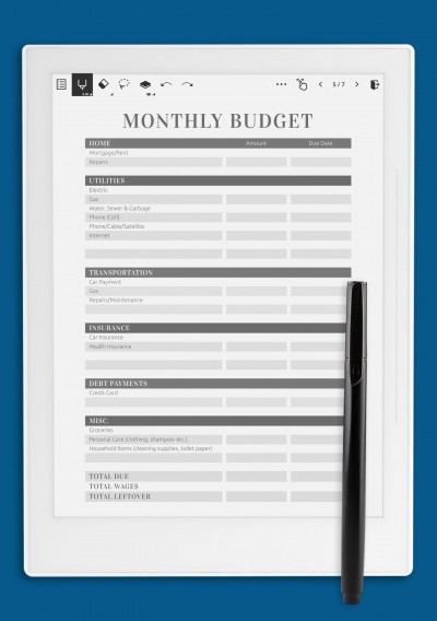 Supernote Monthly Household Budget Template