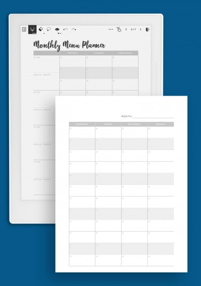 Monthly Menu Planner Template for Supernote