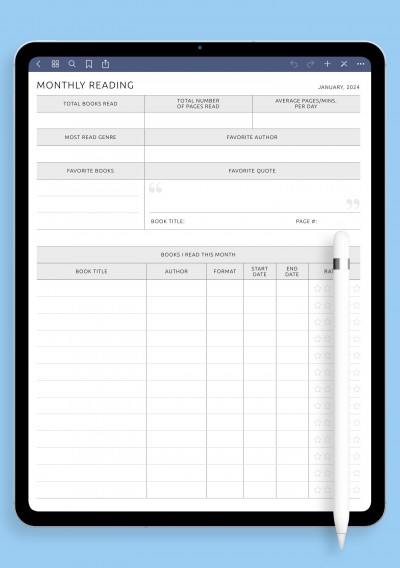 Notability Monthly Reading Template