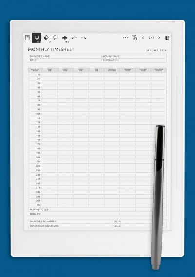 Monthly Timesheet Template for Supernote