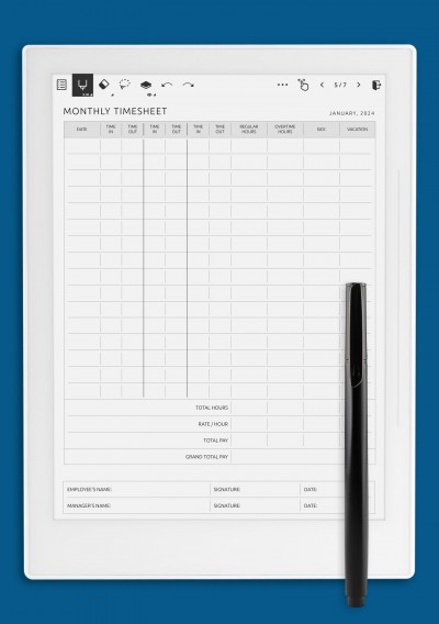 Supernote A5X Monthly Timesheet With Two Breaks Template