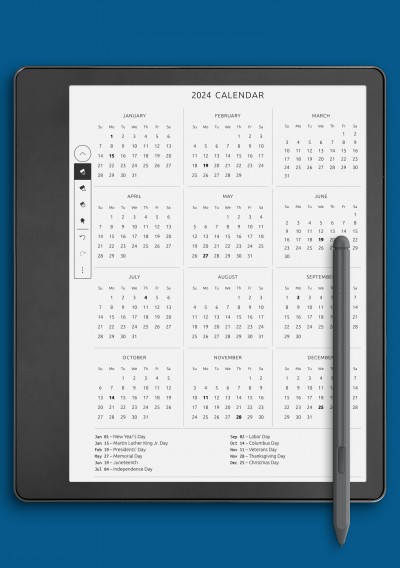Kindle Scribe One Page Annual Calendar with Holidays Template