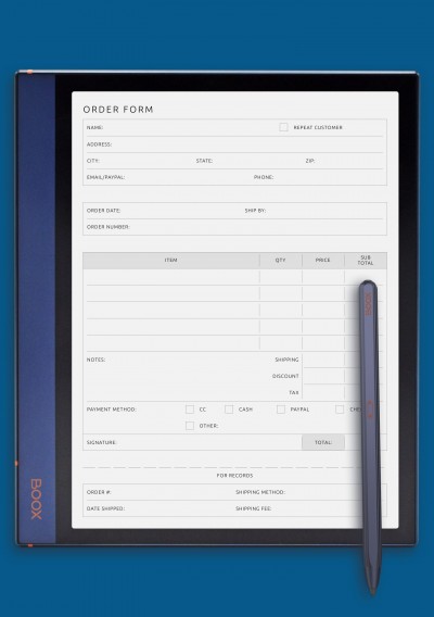 Order Form Template for BOOX Note