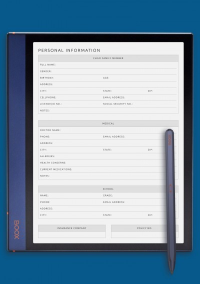 Personal Information For Child Template for BOOX Note