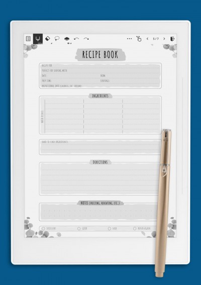 Supernote A5X Recipe Book Template - Floral Style