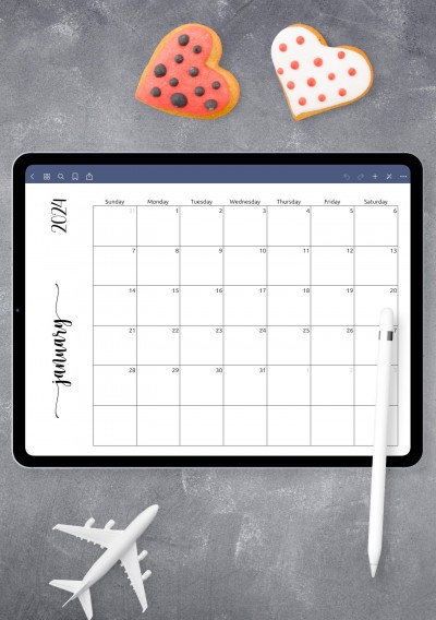 Horizontal Simple Monthly Calendar Horizontal for iPad