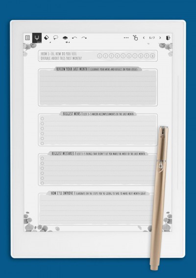 Supernote A5X Simple Monthly Goal Review Template - Floral Style