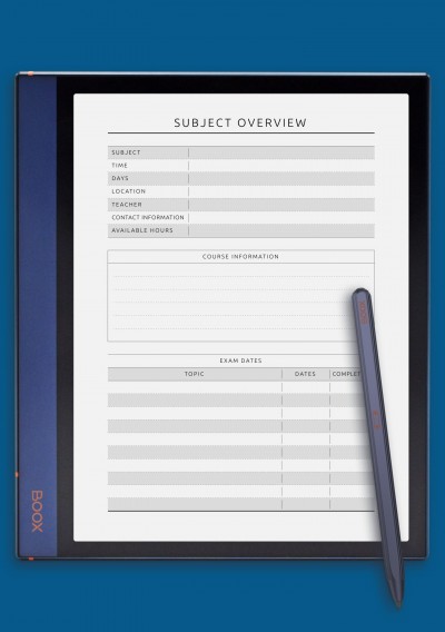 Student Subject Overview Template for BOOX Note