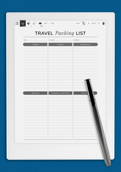 Travel Packing List Template for Supernote A6X