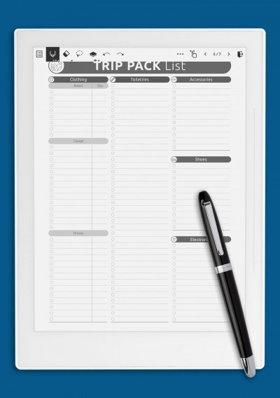 Trip Pack List Template for Supernote