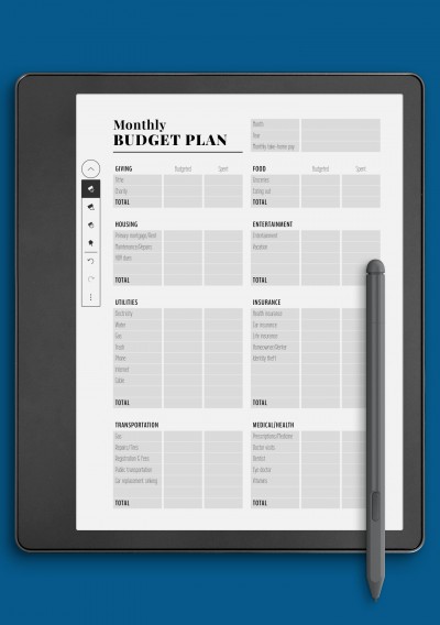 Two-pages monthly budget plan template for Kindle Scribe