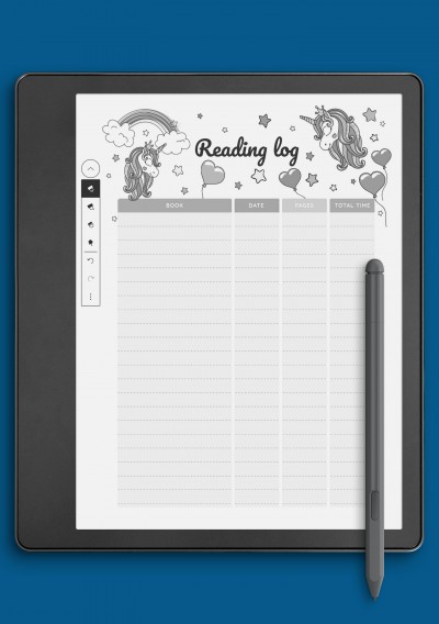Unicorn Reading Log Template For Kids template for Kindle Scribe