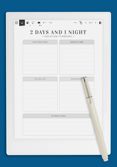 Vacation Itinerary template for Supernote