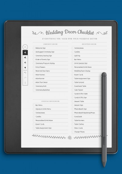 Wedding Decor Checklist - Romantic Style Template for Kindle Scribe