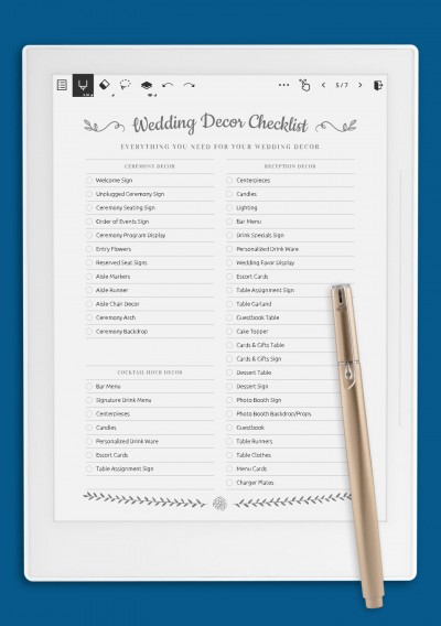 Wedding Decor Checklist - Romantic Style template for Supernote Supernote A6X